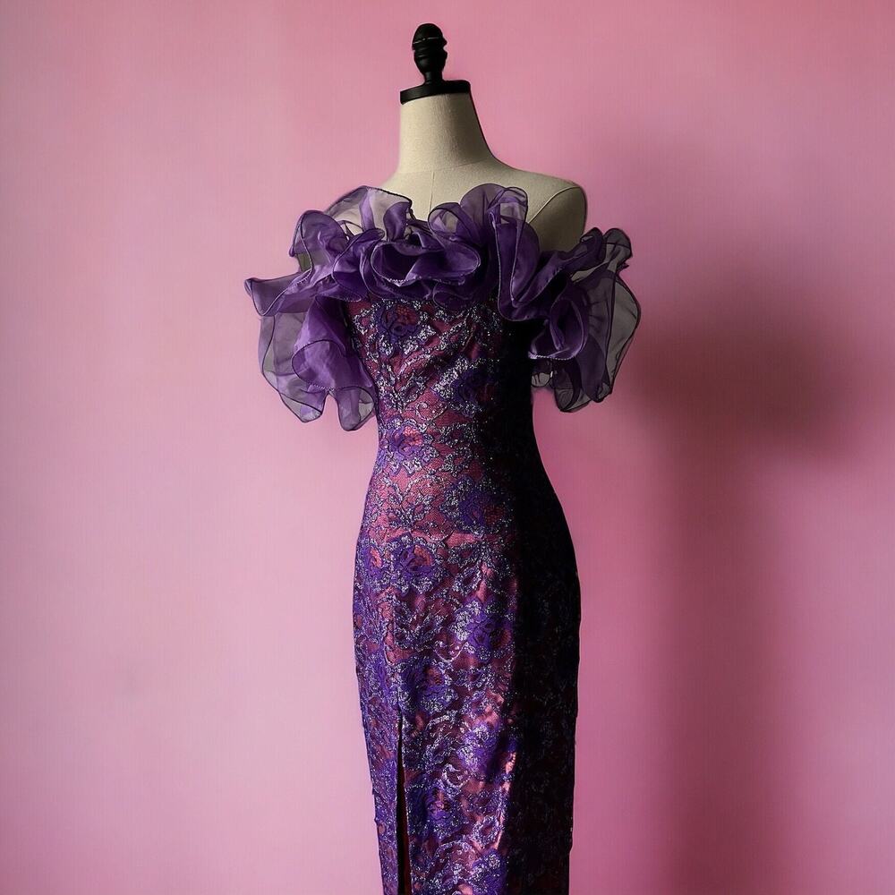 Vintage 80s Metallic Lace Gown | Purple Off Shoulder Ruffle Corset Dress| XS - Picture 3 of 9